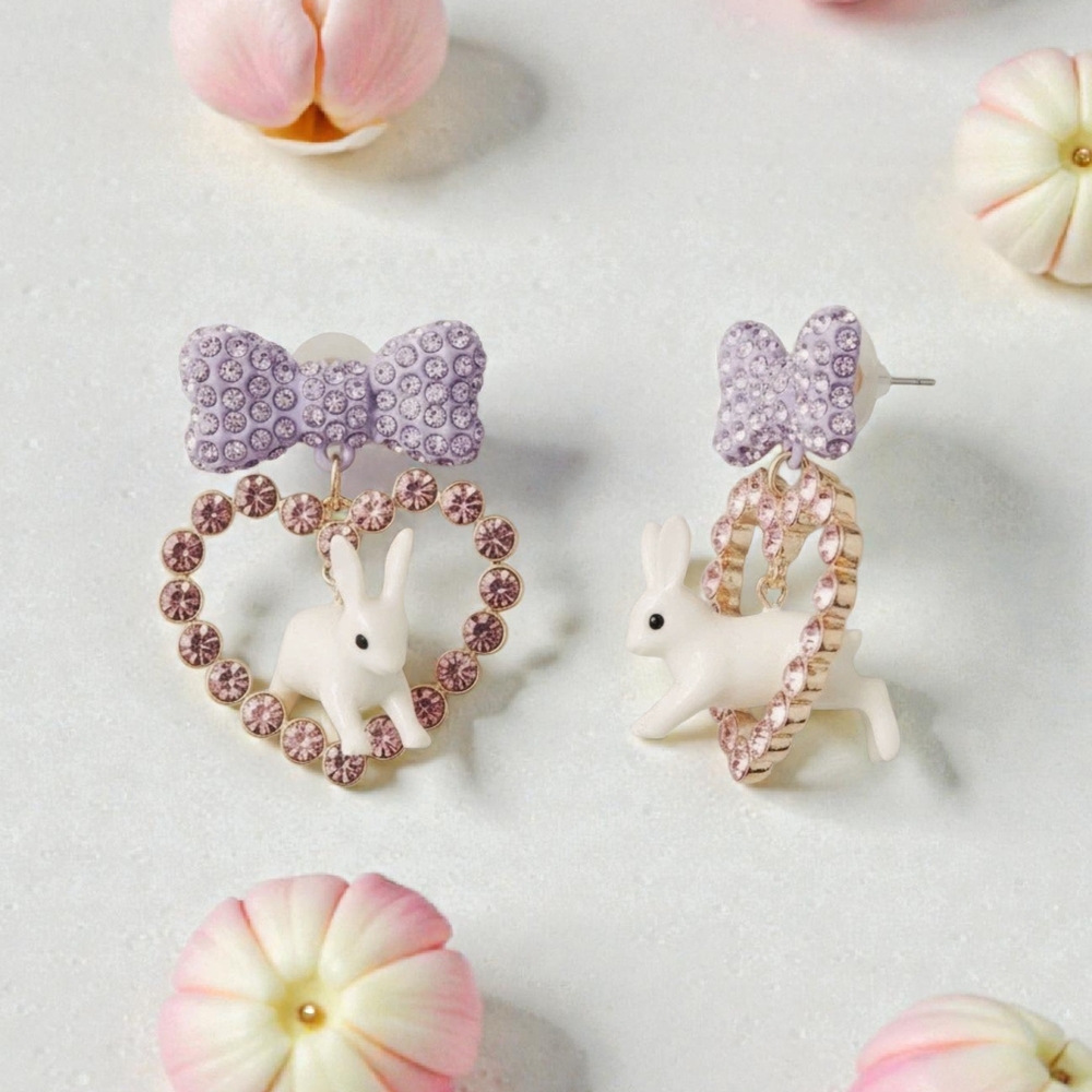 NEW Betsey Johnson Easter Bunny Bow Heart Earrings Pink Lavender Gold Tone NWT